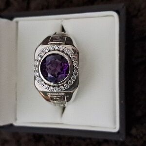 Amethyst & White Zircon Men's Ring Platinum Over Sterling Silver